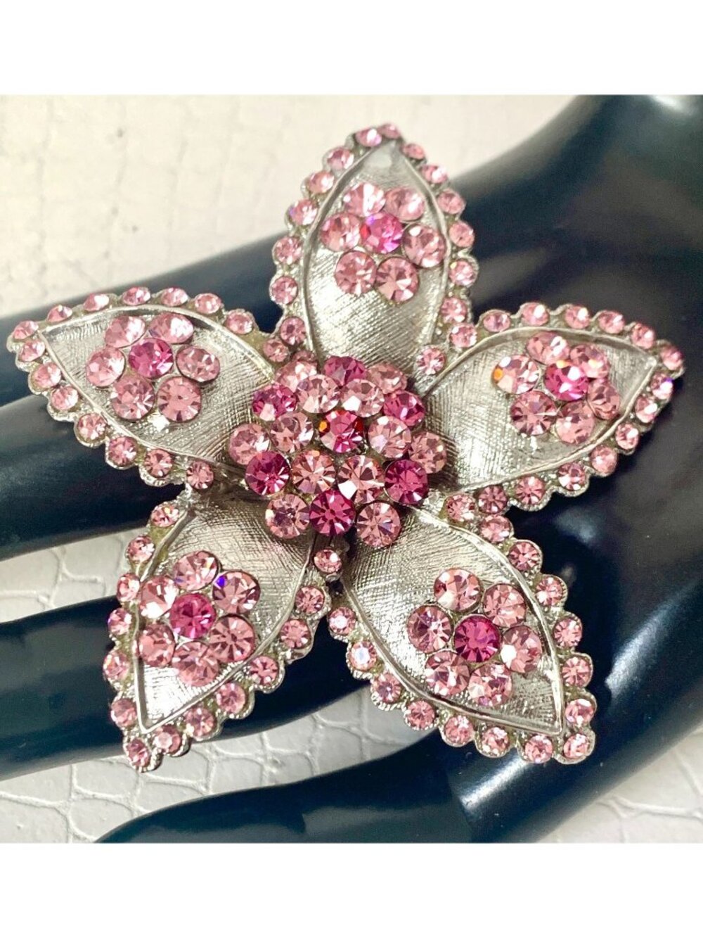 Vintage Pink Rhinestone Brooch Silver Tone Statement Costume